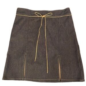 Vintage To The Max Pinstripe Dark Denim Skirt Camel Tie Belt Front Slits Y2K EUC